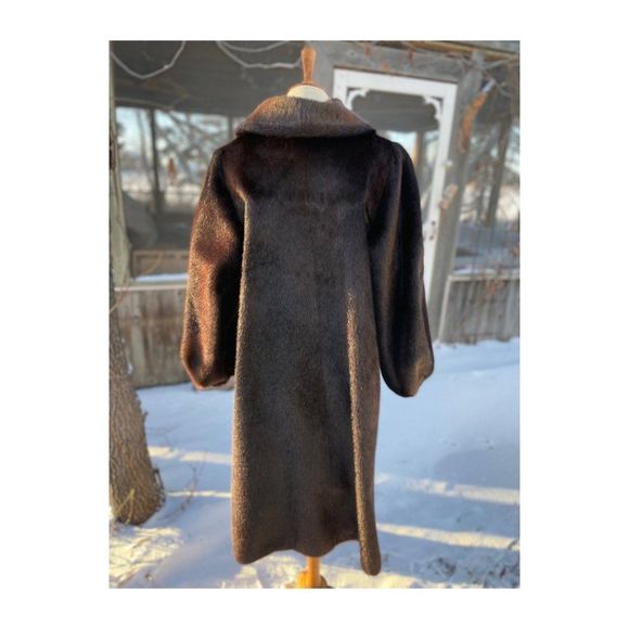 Vintage 50s Sheared Beaver Long Fur Coat Brown Balloon Sleeves Fuchsia Satin - Picture 13 of 16